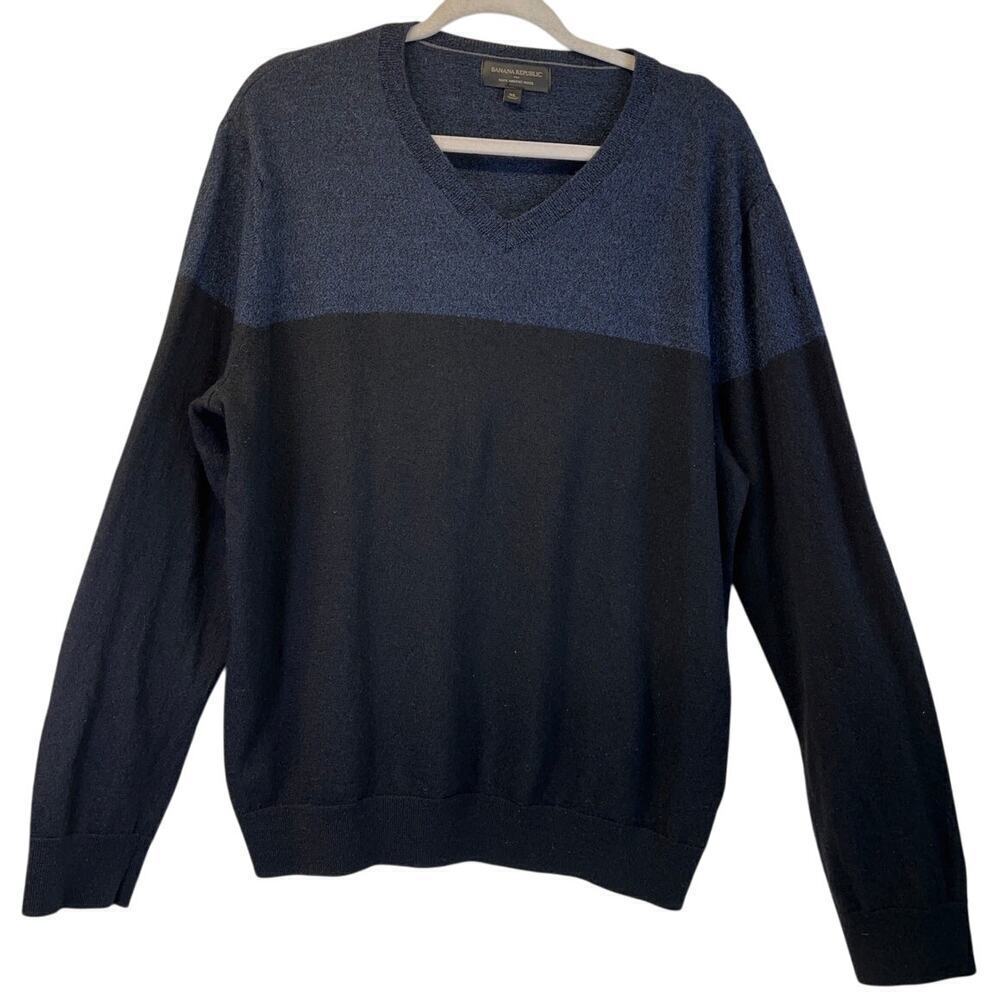 Banana Republic Mens XL Black/Blue 100%MerinoWool Sweater Business Casual FLAW